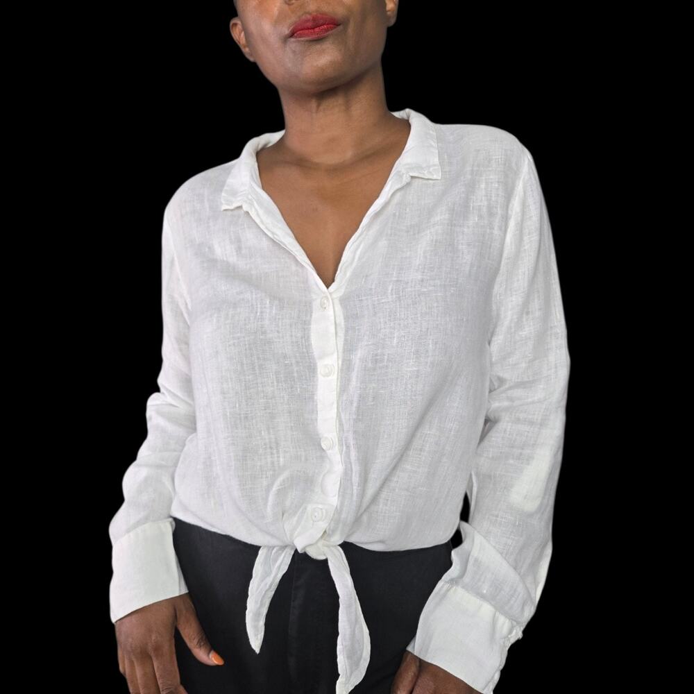 Cloth Stone White Linen Top Tie Front Tab Long Sleeve Button Down Shirt Small